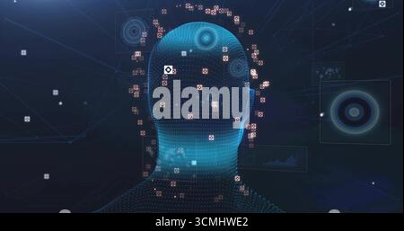 Displaying digital wireframe head glowing grid in interface, with data icons and network lines Stock Photo