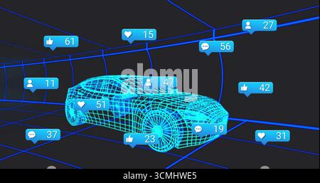 Displaying 3D wireframe sedan rotating inside neon cyan grid, with floating social media icons Stock Photo