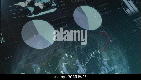 Displaying analytics dashboard featuring pie charts, candlestick bars and world map in control hub Stock Photo