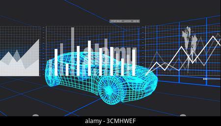 Displaying cyan wireframe car model on grid floor in data studio, with bar charts and timestamp Stock Photo
