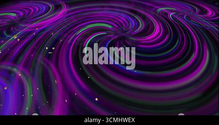 Swirling neon purple-green-blue vortex patterns in abstract digital space, with metallic gold stars Stock Photo