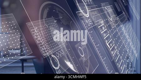 Displaying interface over office, with translucent UI panels, data charts and world map overlay Stock Photo
