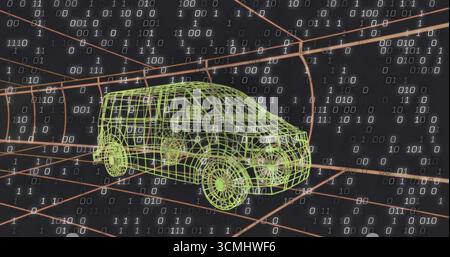 Rotating green wireframe van gliding through orange grid tunnel, with floating white binary digits Stock Photo