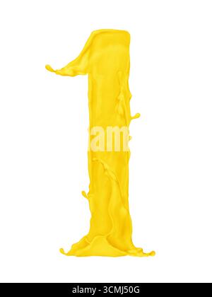 Number 1 made from splashes of yellow paint on white background Stock Photo