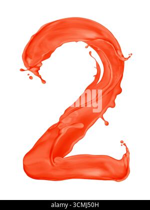 Number 2 made from splashes of red paint on white background Stock Photo