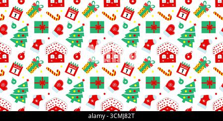 Colorful holiday-themed patterns featuring Christmas trees, gifts, and festive decorations in a cheerful design Stock Vector