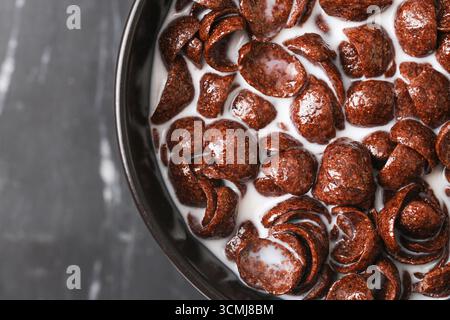 Chocolate cereal with milk in bowl. Sweet crunchy breakfast food closeup. Morning snack for kids and adults. Stock Photo