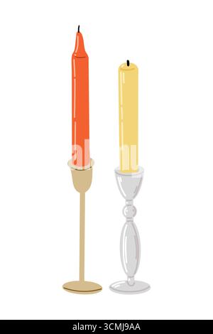 Burning Red And Yellow Candles In Candlesticks Stock Vector