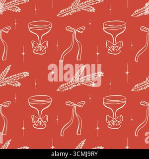 Coquette core Christmas and New Year seamless festive pattern. Hand drawn line contour Margarita cocktail glass and ribbon bow on red background. Whim Stock Vector