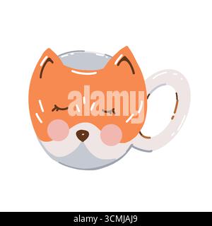Cute cup in the shape of a fox head. Vector flat illustration isolated on white background. Cozy autumn mug. Mug with an animal. Stock Vector