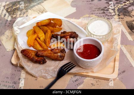 Crispy fried chicken legs and golden french fries served with ketchup and garlic aioli on a rustic wooden board. Stock Photo