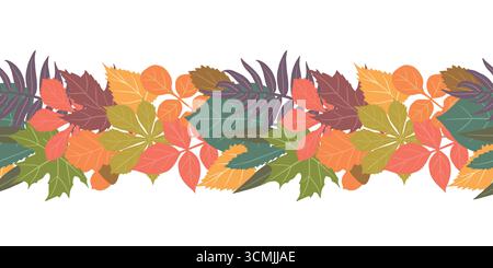Fall leaves seamless vector border with oaks. Flat autumn leaves on a white background. Natural vector pattern for fabric, paper, wallpaper, covers, i Stock Vector