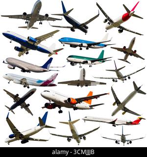 Airplanes flying, collection isolated on white background Stock Photo