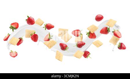 Splashing milk with sweet corn pads and fresh strawberries in air against white background. Healthy breakfast Stock Photo