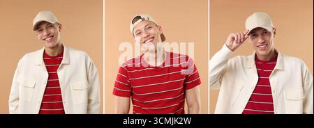 Young man wearing stylish baseball hat on dark beige background. Collage of photos Stock Photo