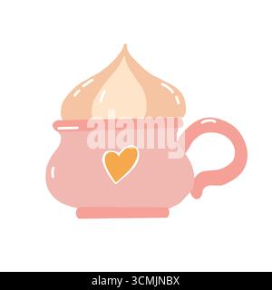 Illustration of cute pink mug with whipped cream. Mug with a heart isolated on white background. Vector flat illustration. Autumn attribute Stock Vector