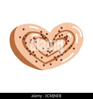 Pretzel, pastry, sweet bun with poppy seed illustration. Vector flat illustration of heart shaped bun. Food clipart. Bakery. Stock Vector