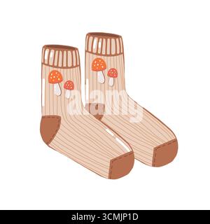Cute knitted socks with fly agarics. Cartoon socks, vector flat illustration isolated on white background. Autumn attributes, warm clothes. Stock Vector