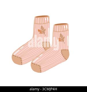 Cute knitted pink socks with autumn leaves. Cartoon socks, vector flat illustration isolated on white background. Autumn attributes, warm clothes for girls, women. Stock Vector