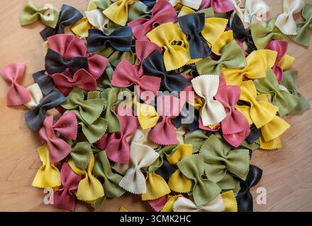 Close up of gourmet five flavor farfalle dry pasta, 2025, United States Stock Photo