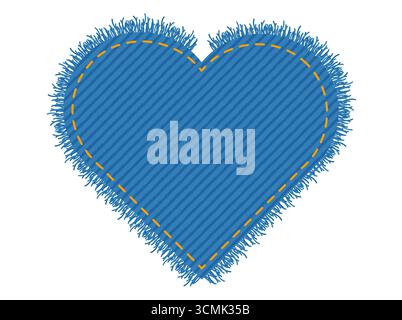 Patch denim heart shape with stitches seam torn Frayed edges jeans label fashion illustration. Flat apparel blue color template isolated on white background Stock Vector