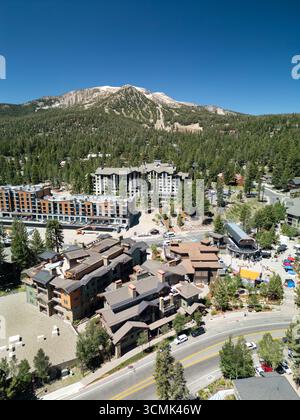 Aerial view of The Village resort at Mammoth Lakes California in the summertime under a clear blue sky Stock Photo