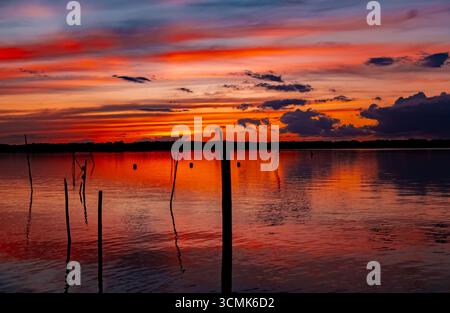 Scenic Sunset over Schwielowsee Lake in Brandenburg Viewed from Caputh Observation Deck Stock Photo
