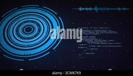Displaying HUD graphic rotating over dark grid, JavaScript code snippet, waveform, copy space Stock Photo