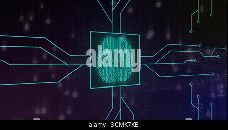 Glowing square frame showing turquoise brain circuit emitting paths in cyberspace with binary code Stock Photo