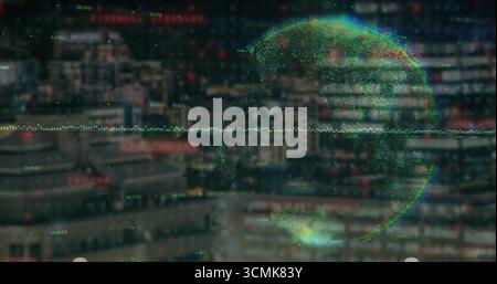 Showing holographic globe streaming codes and waveform graph over urban skyline at dusk, copy space Stock Photo