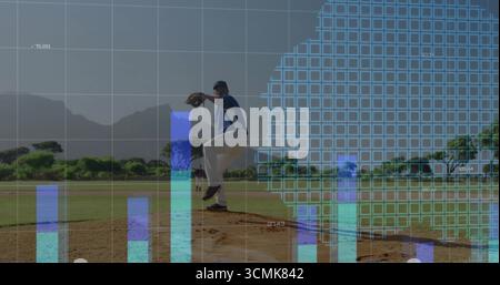 Pitching player in blue uniform on dirt mound, with ball in glove, bar chart, grid overlay Stock Photo