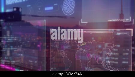 Projecting central holographic world map over dusk cityscape with globe graphic and data readouts Stock Photo