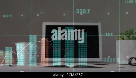 Featuring laptop displaying data charts at office desk, with coffee cup, succulent, headphone cable Stock Photo