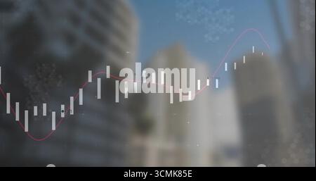 Displaying white candlestick bars and pink line over city skyscraper silhouettes, with value labels Stock Photo