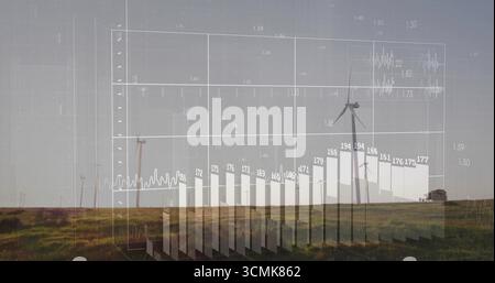 Floating 3D bar chart above grassy plain with wind turbines, displaying gridlines and labels Stock Photo