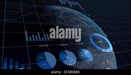 Displaying illuminated Earth globe floating in space grid, with grid lines and chart overlays Stock Photo