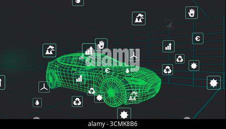 Displaying green wireframe passenger car model in dark grid space, with floating eco metrics icons Stock Photo
