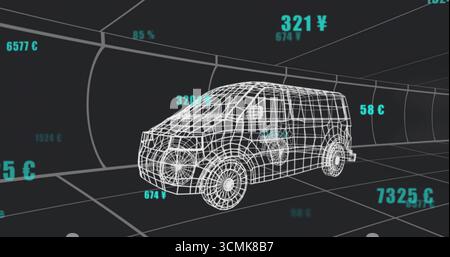 Displaying wireframe cargo van model within grid tunnel, with floating numeric currency symbols Stock Photo