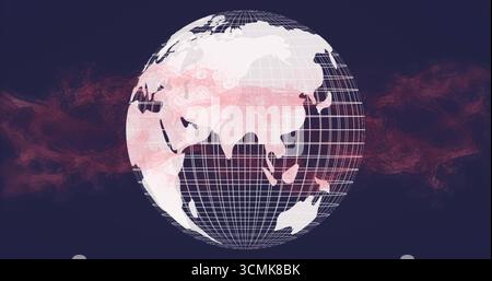 Displaying digital wireframe globe showing Asia and Australia on dark navy, with red haze effect Stock Photo