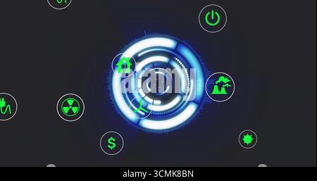 Displaying glowing concentric HUD at digital panel, with plug radiation turbines plant dollar star Stock Photo
