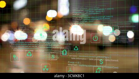 Displaying green grid featuring translucent icons and code snippets in lobby, energy management Stock Photo