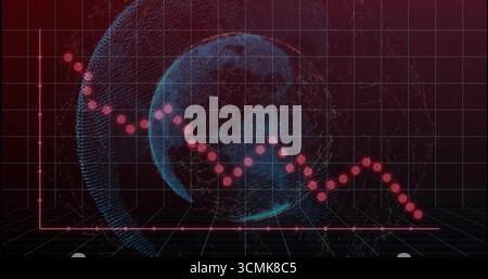 Displaying red dotted trend line indicating downward trajectory on 3D grid axes, with blue globe Stock Photo