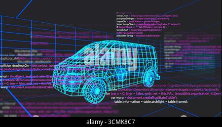 Displaying wireframe van model rotating within virtual 3D workspace, with floating code blocks Stock Photo