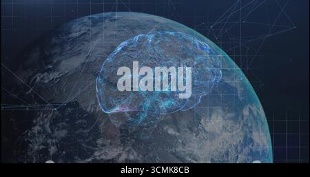 Showing holographic digital brain overlaying planet Earth in orbit, highlighting network grid nodes Stock Photo