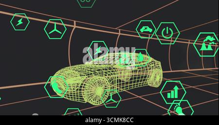 Showcasing wireframe car model gliding through 3D tunnel, with floating green hexagonal icons Stock Photo