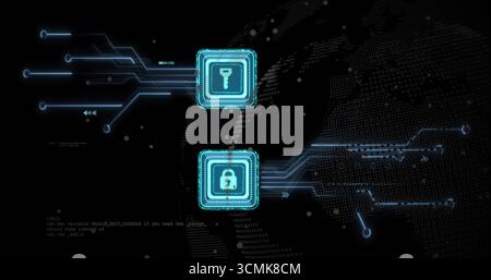 Displaying turquoise key and padlock icons linking circuits in security screen, binary map patterns Stock Photo