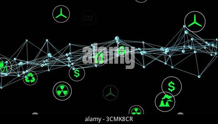 Flowing wave-like network moving in abstract space, with glowing nodes and neon green eco icons Stock Photo