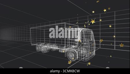 Displaying wireframe cargo truck occupying center of virtual grid space, with floating golden stars Stock Photo