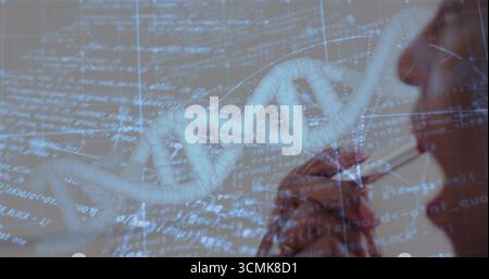 Displaying 3D DNA helix model over abstract code grid, with researcher holding pen to chin Stock Photo