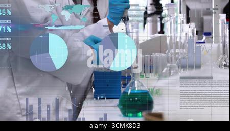 Holding blue test tube, scientist in gloves analyzing data at lab bench with digital overlays Stock Photo